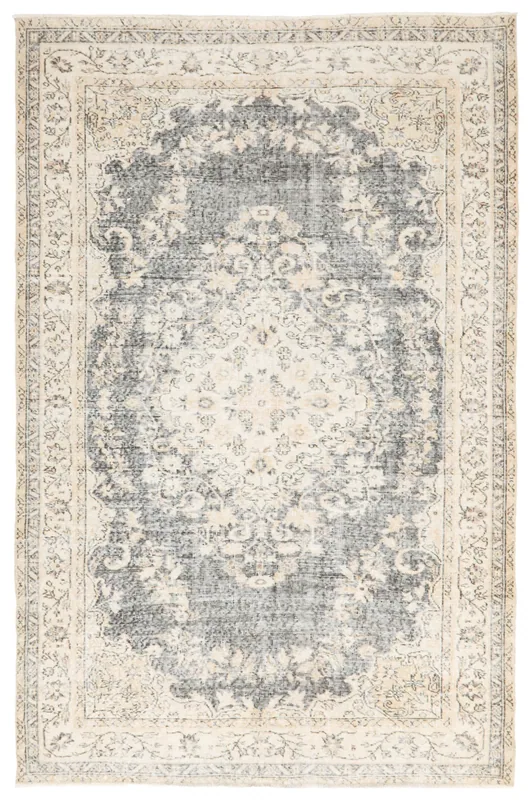 Full overhead view of the charcoal and beige vintage Anatolian rug