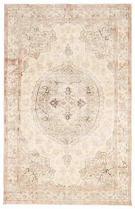 Full overhead view of the ivory and rose medallion vintage Anatolian rug
