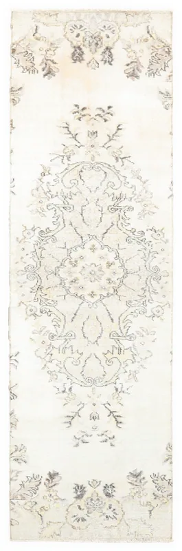Full top view of the ivory, gray, and brown vintage Anatolian runner rug