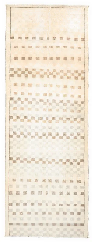 Full top view of the beige and brown geometric vintage runner on a white background