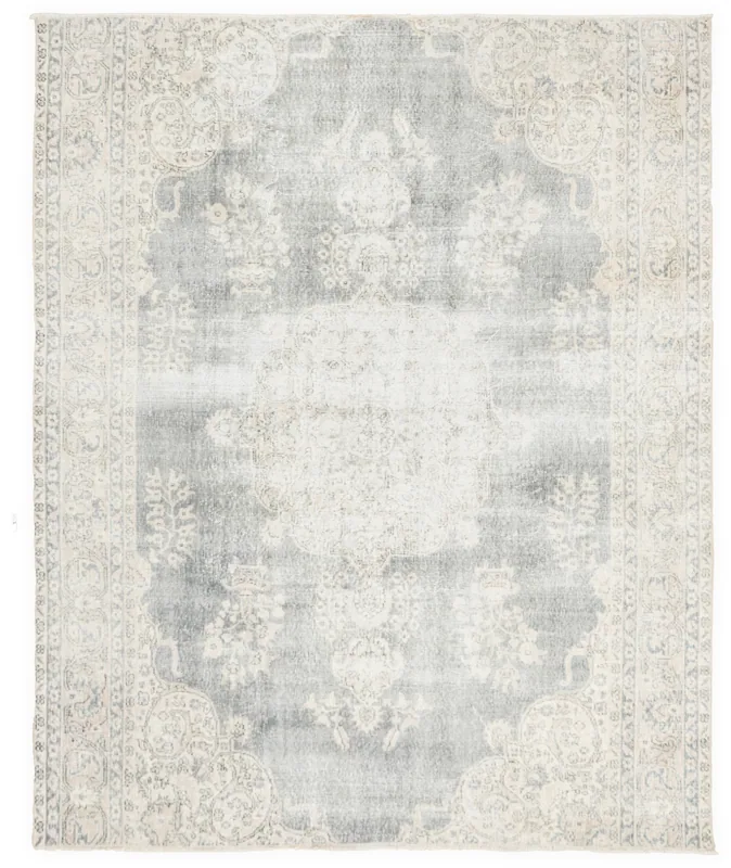 Full top view of a hand-knotted vintage gray and ivory Anatolian area rug