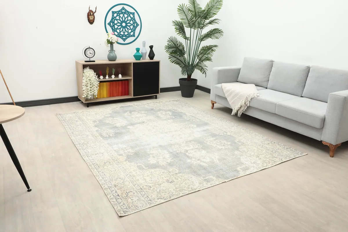 Full room view of the gray and ivory Anatolian rug complementing modern home decor