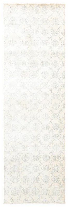 Full top view of the 2'7" x 8'7" cream and gray geometric vintage runner rug on a white background.