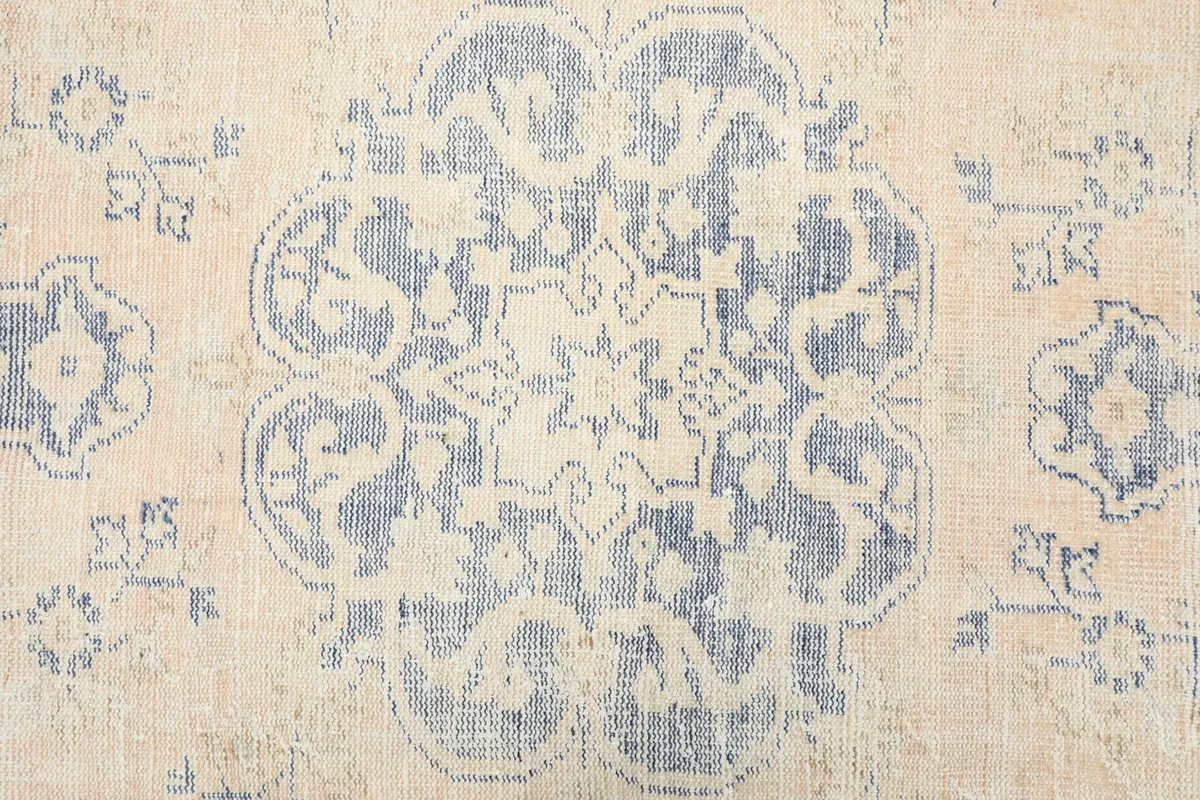 Close-up of the central blue medallion motif and surrounding floral designs