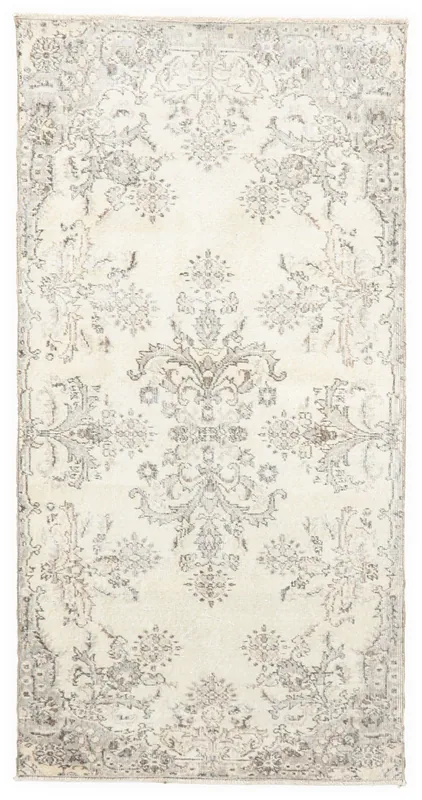 Full top view of the ivory and gray ornate floral vintage Anatolian rug