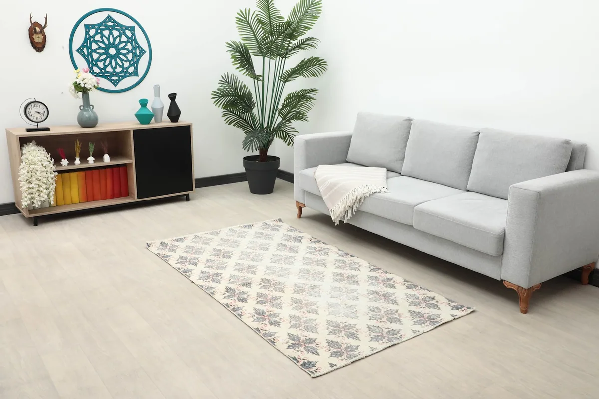 Vintage Anatolian rug placed in a living room setting with a gray sofa and wooden cabinet