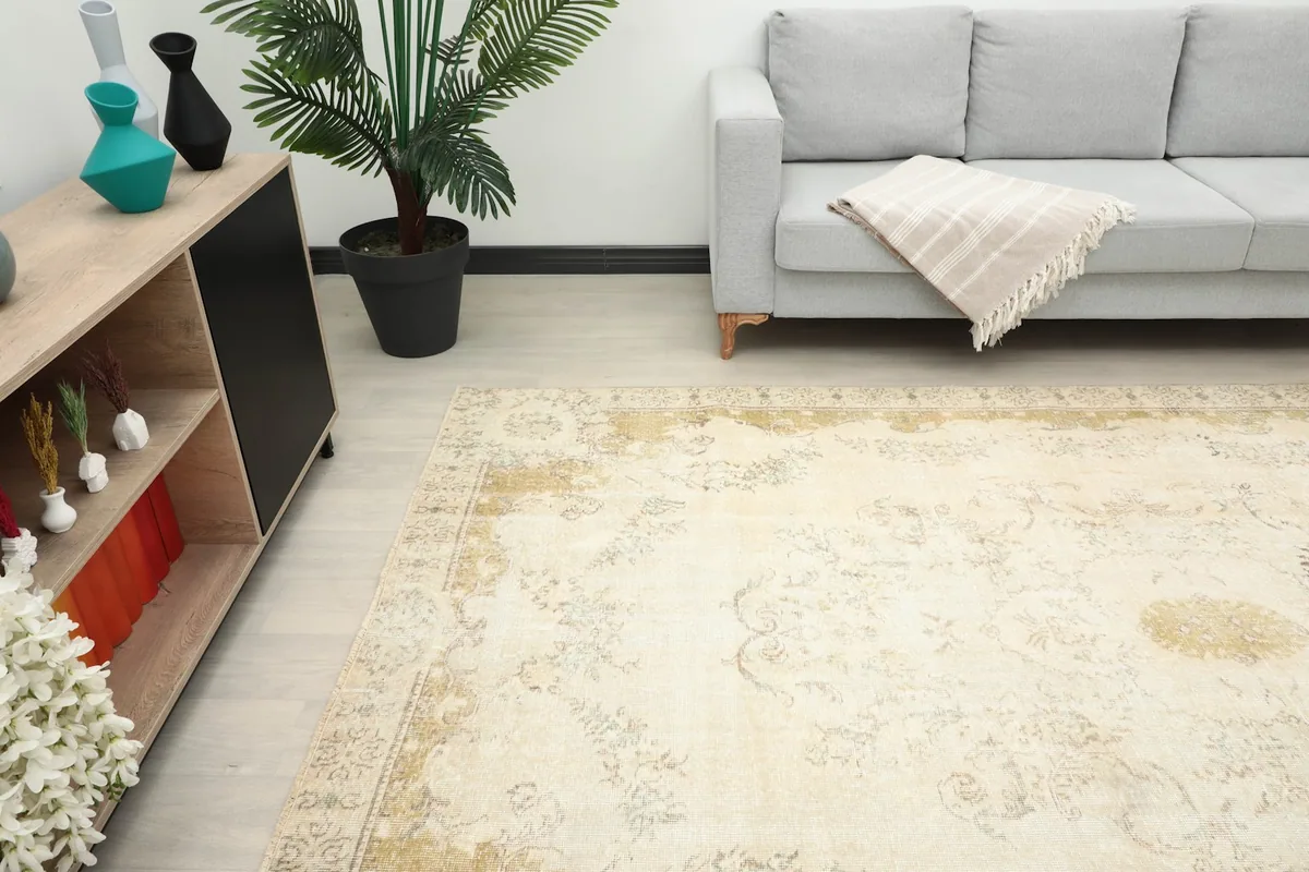 Side view of the rug in a room, showing how it complements contemporary furniture.