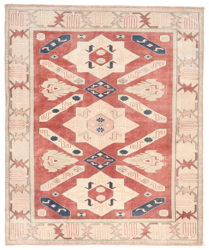 Full top view of the vintage Anatolian area rug with red field and ivory border on a white background