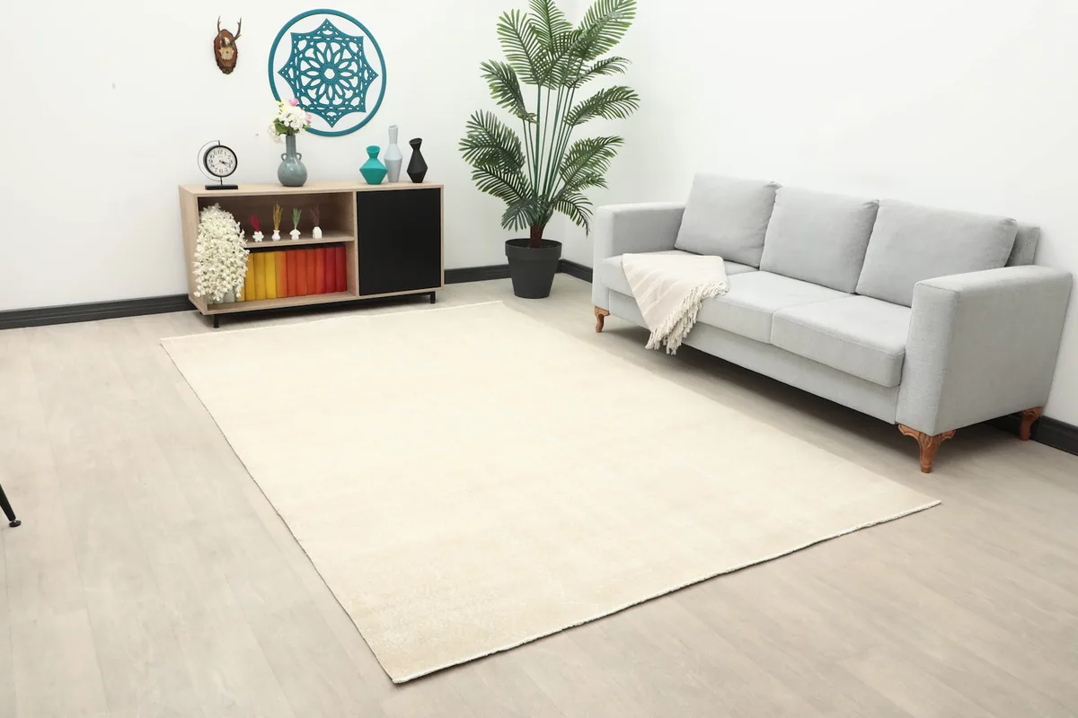 Angle view of the beige rug in a living room with a sofa and side cabinet