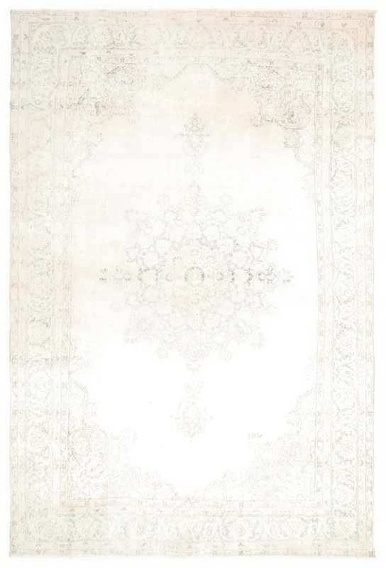 Full top view of the 7x11 ivory and blue vintage Anatolian area rug on a white background