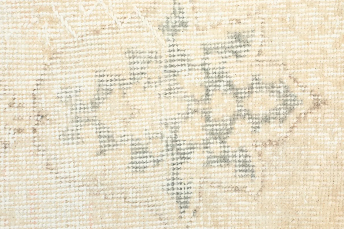 Detailed view of the low wool pile texture and distressed blue patterns