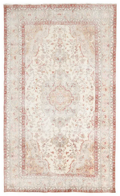 Full overhead view of the 5'11" x 9'11" ivory and rust vintage Anatolian area rug
