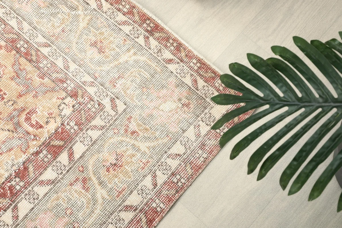Close-up of the rug's border and field patterns, with a plant in the foreground