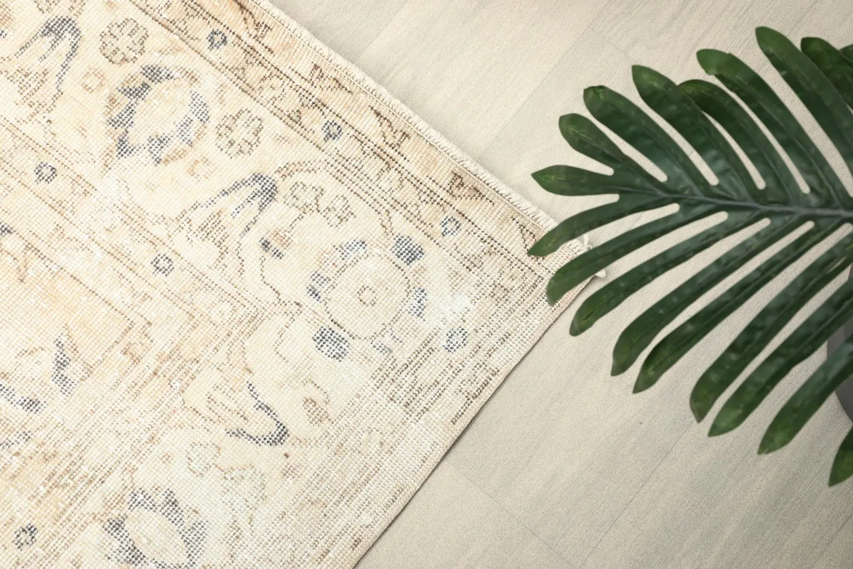 Angled view of the rug's border and field, with a green plant in the foreground.