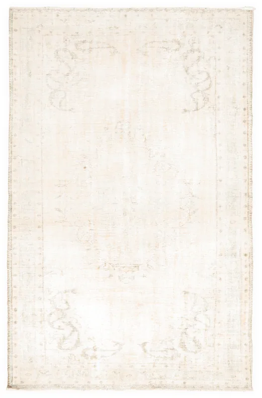 Full overhead view of the 5'8" x 9'0" ivory and gray geometric vintage rug on a white background