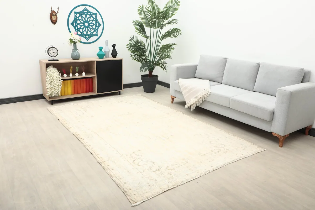 Angle view of the ivory and gray rug in a living room with a console table and plant