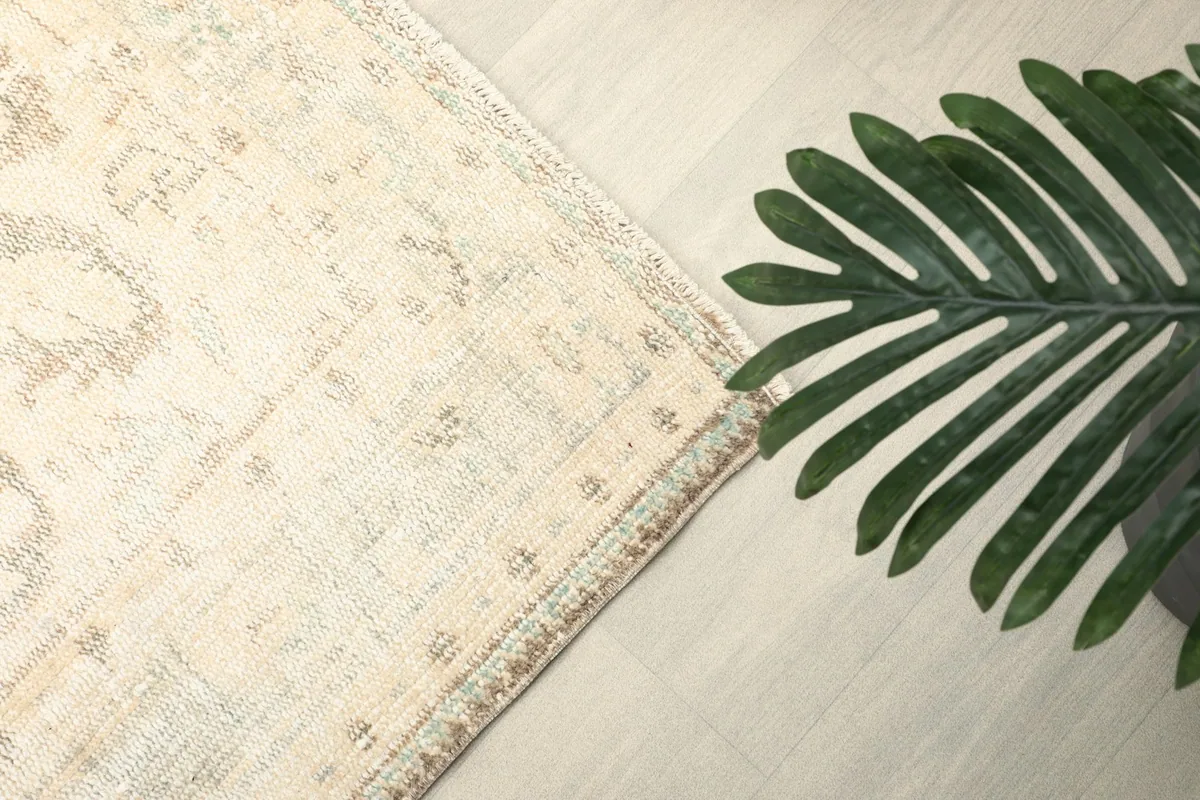 Detail of the rug's border design next to a green plant, emphasizing its muted tones