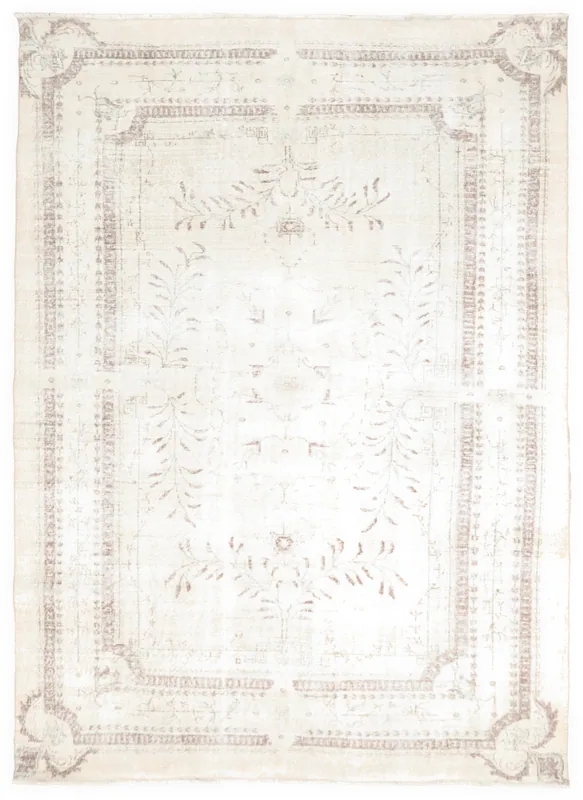 Full top view of the 7'1" x 9'7" vintage Anatolian area rug with cream field and rose patterns