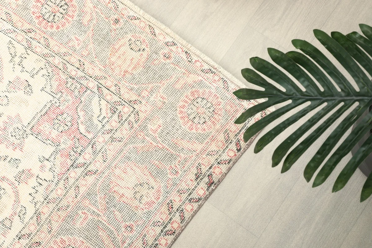 Close-up of the rug's border pattern, featuring gray and rose elements with a plant in the foreground