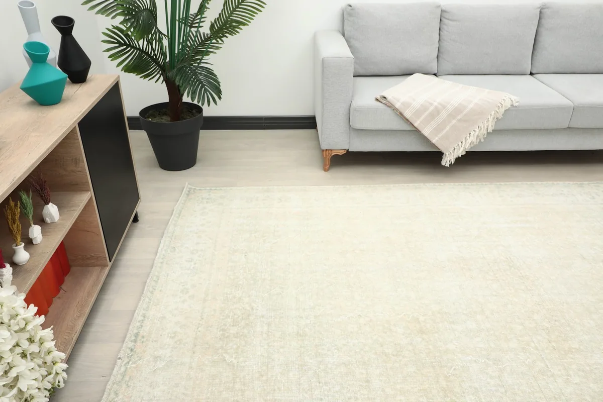View of the rug in a room from a lower angle, showing its placement next to a sofa