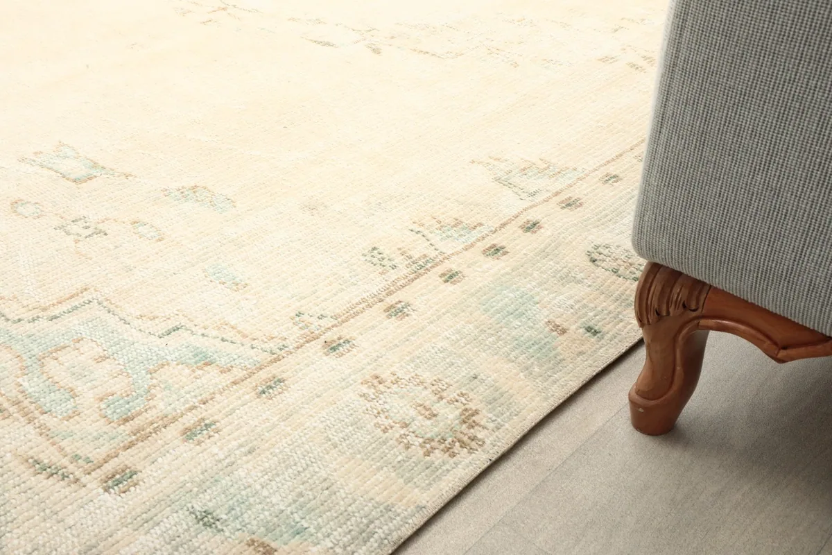 Close-up of the rug's border next to a furniture leg, showing the faded blue and tan designs