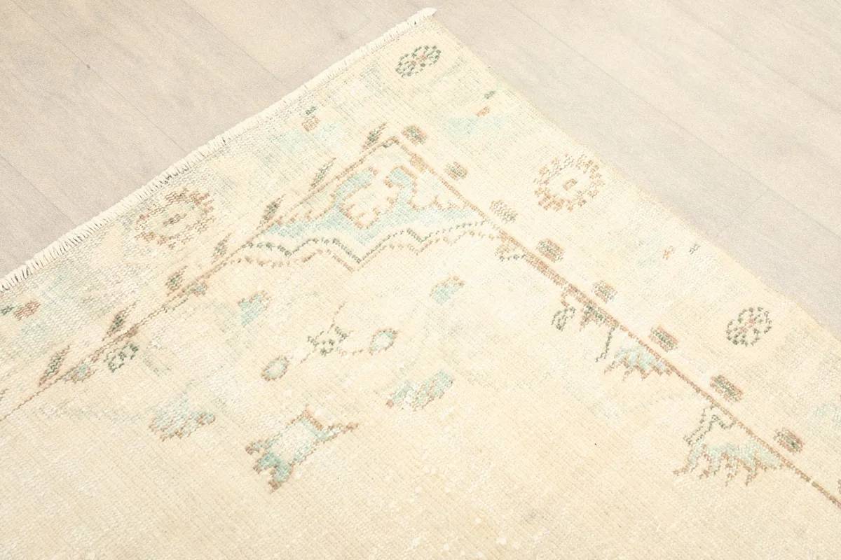 Detail of the corner of the rug, showing the border design and faded blue and tan motifs
