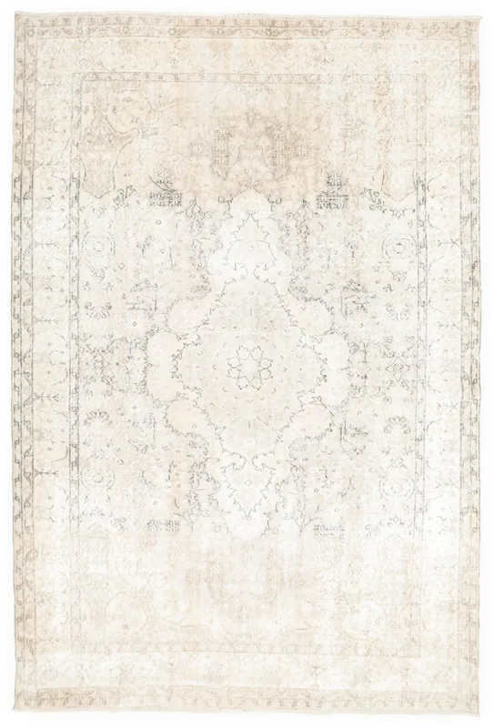 Full top view of the 6'6" x 9'8" vintage Anatolian area rug with ivory and gray tones