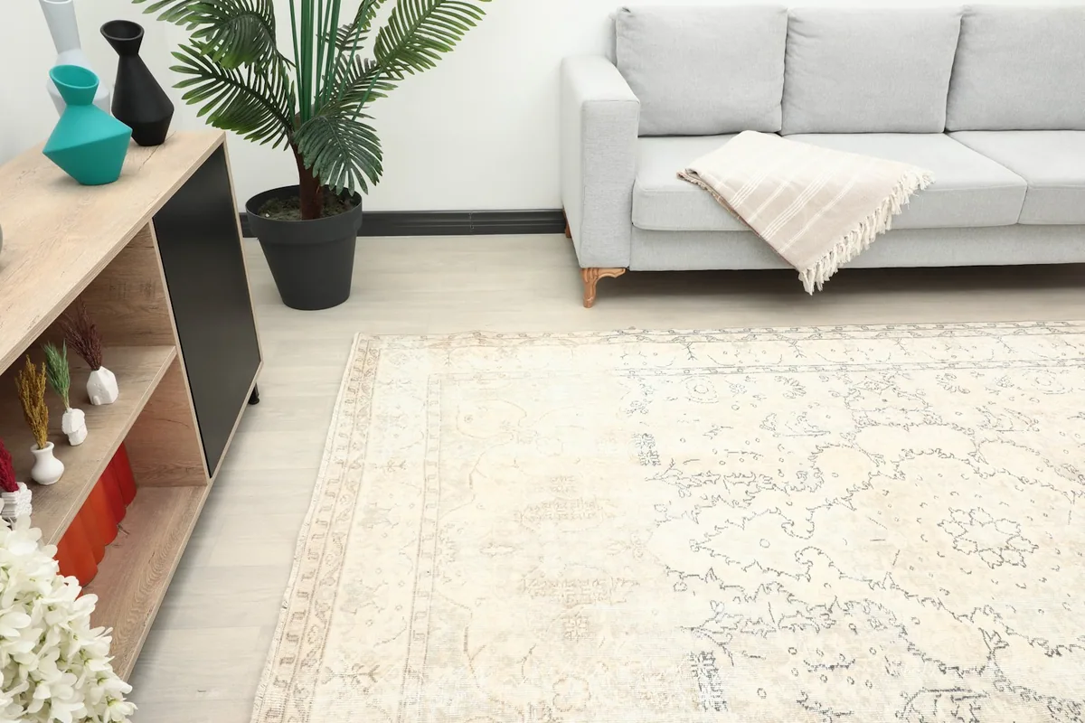 Rug placed in a room, highlighting its neutral palette and how it complements the decor