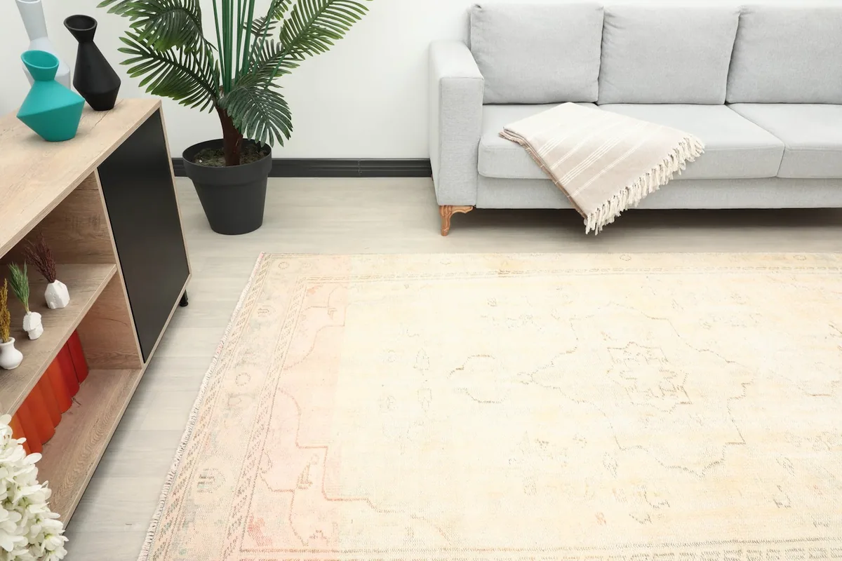Room shot of the rug showing its placement relative to a sofa and cabinet