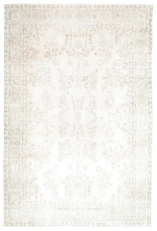 Full overhead view of the 8'3" x 12'4" vintage Anatolian area rug with ivory and gray patterns