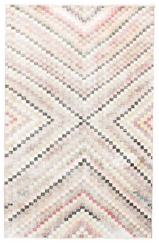 Full overhead view of the beige multicolor geometric vintage Anatolian area rug