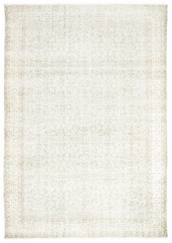 Full top view of a 7'0" x 10'2" cream and olive vintage Anatolian rug with floral patterns.