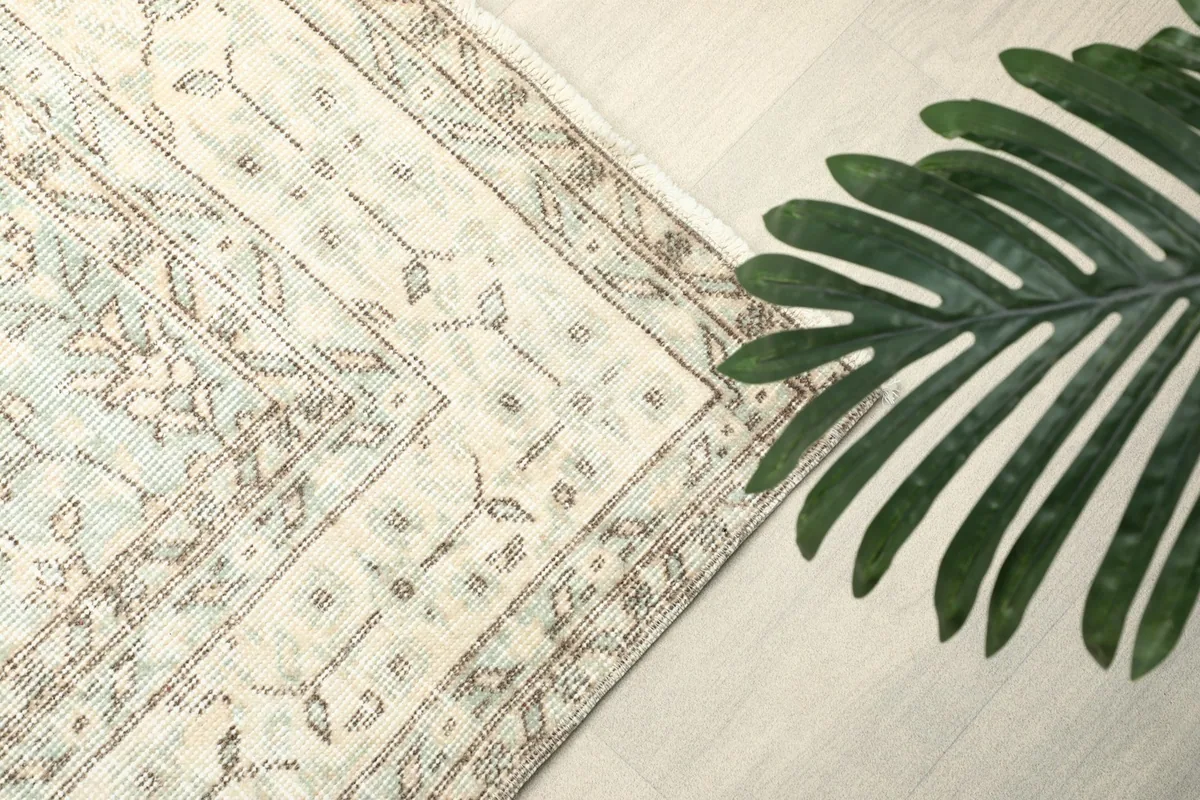 Angled detail of the rug's border and a plant, indicating its size and placement.