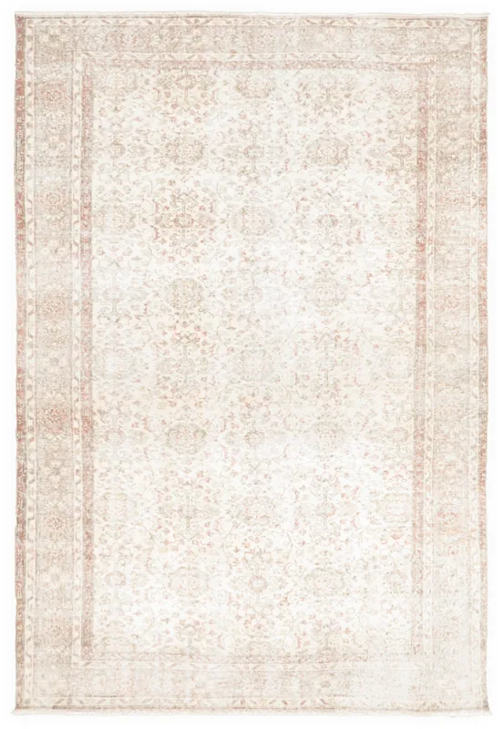Full overhead view of the hand-knotted cream and rose vintage Anatolian area rug