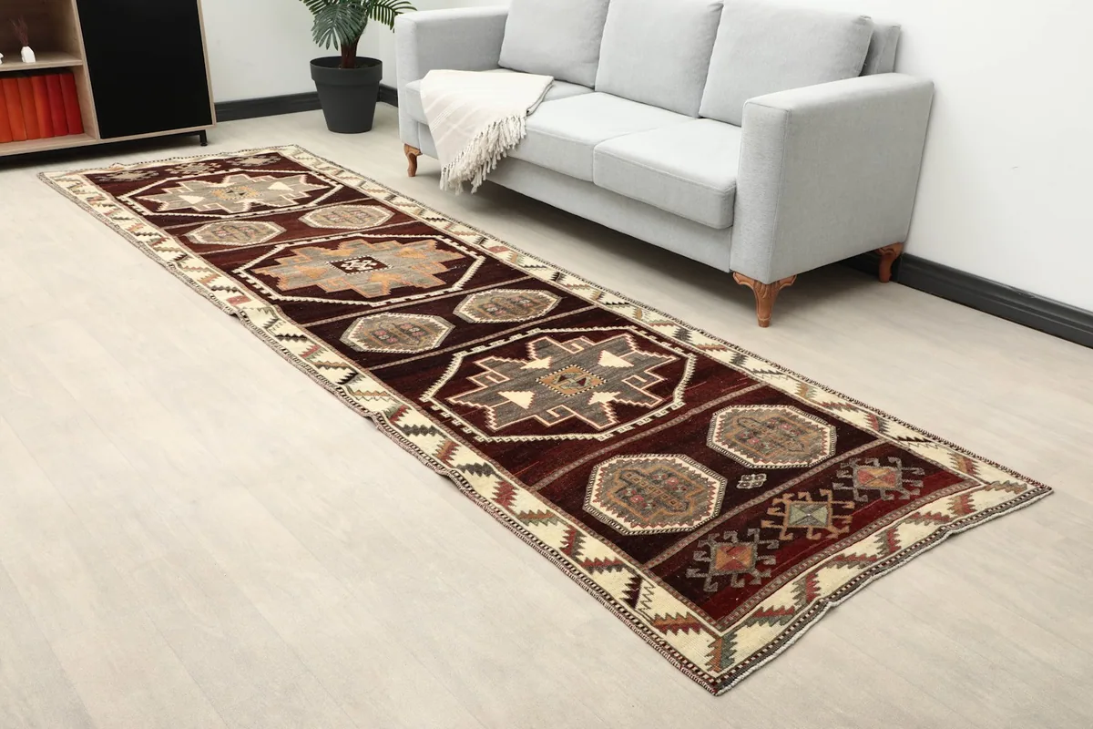 Angle view of the runner rug in a contemporary setting, highlighting its colors and patterns