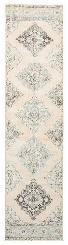 Full top view of the 2'9" x 11'9" beige and gray vintage Anatolian runner rug
