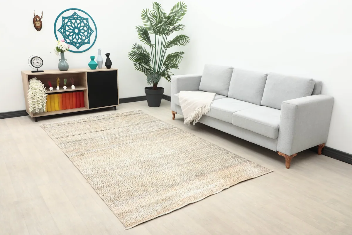 Vintage Anatolian rug in a living room setting with a light gray sofa and wooden cabinet