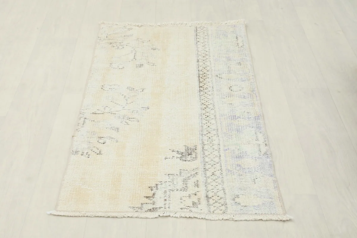 Ivory and beige vintage rug in a modern living room setting with a light gray sofa