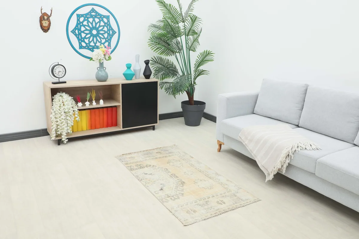 Small vintage rug placed in a living room setting with a light gray sofa and wooden cabinet