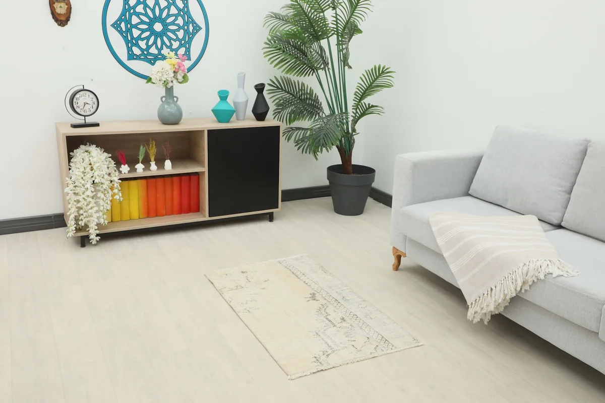 Cream and gray vintage rug placed in a living room setting next to a sofa and cabinet