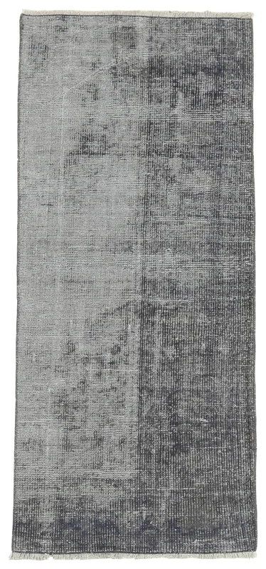 Full overhead view of the 2'4" x 5'3" charcoal and gray distressed vintage Anatolian area rug.