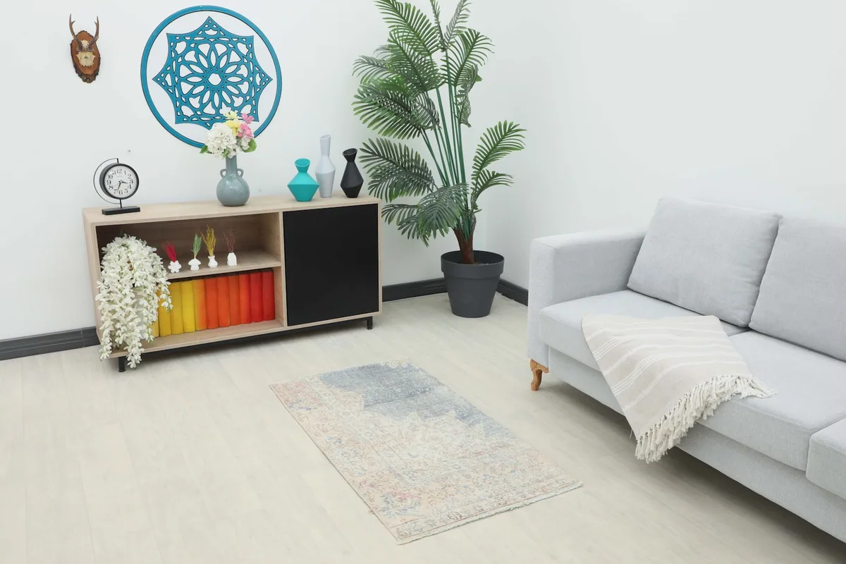Vintage Anatolian rug in a modern living room setting, placed in front of a sofa