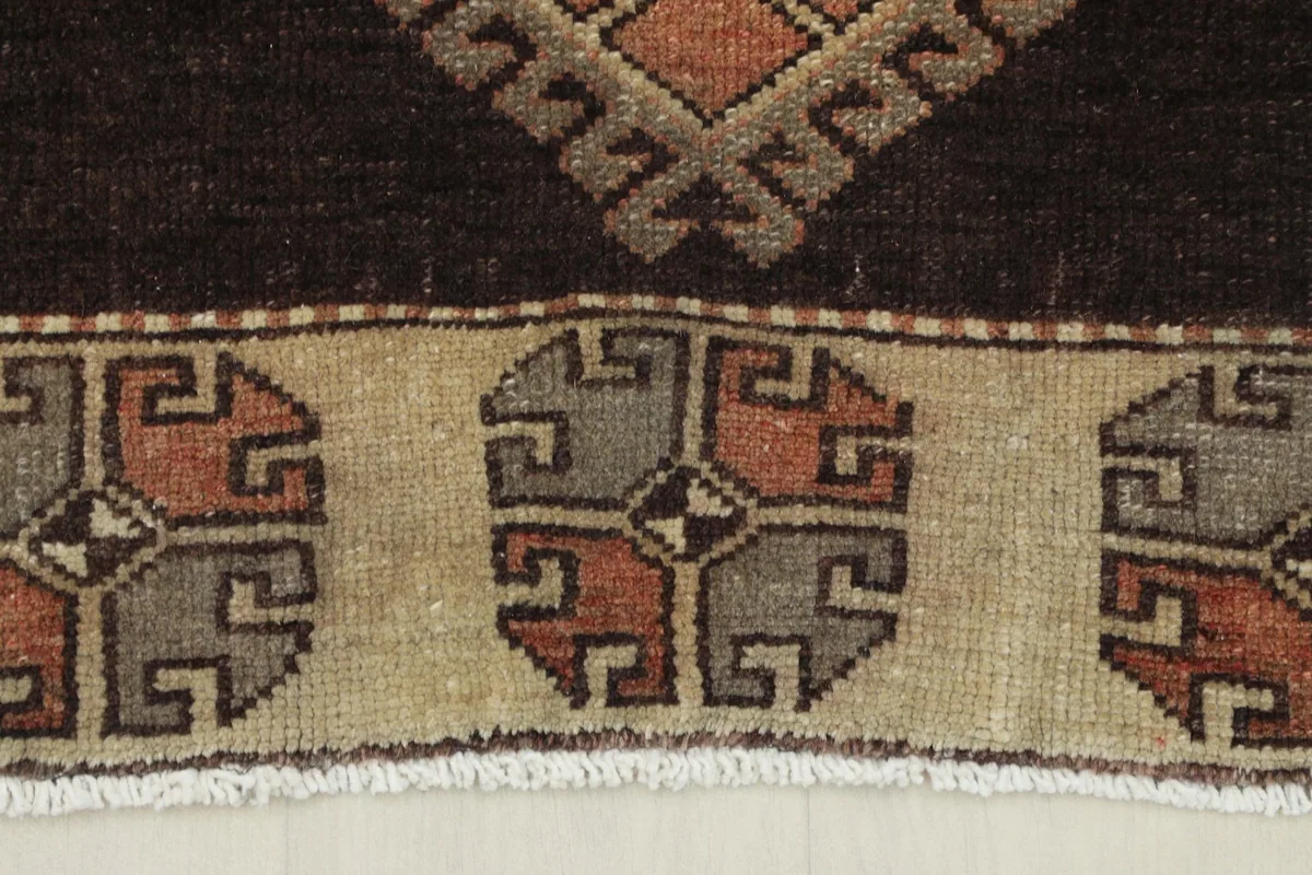 Detail of the beige border with repeating stylized medallion patterns in rust, gray, and brown.