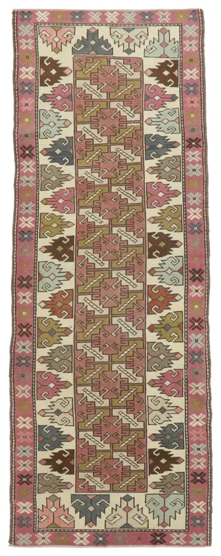 Full top view of the 3'3" x 9'1" vintage Anatolian runner rug with rose, ivory, and multicolor geometric patterns.