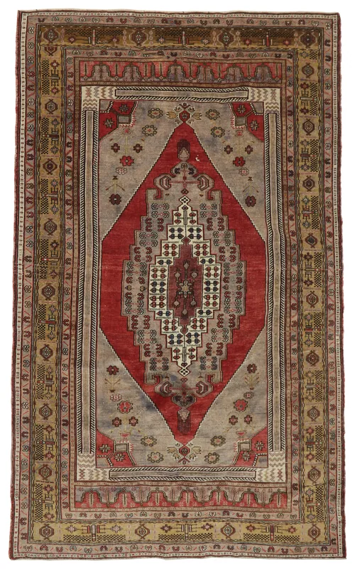 Full overhead view of the Red Gray Tribal Medallion vintage Anatolian rug on a white background.