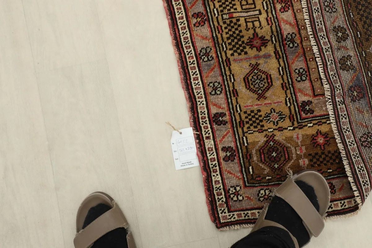 Overhead shot of the rug with feet for scale, showing part of the border and a product tag.