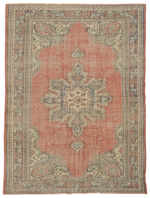 Full overhead view of the rust medallion Anatolian rug on a white background