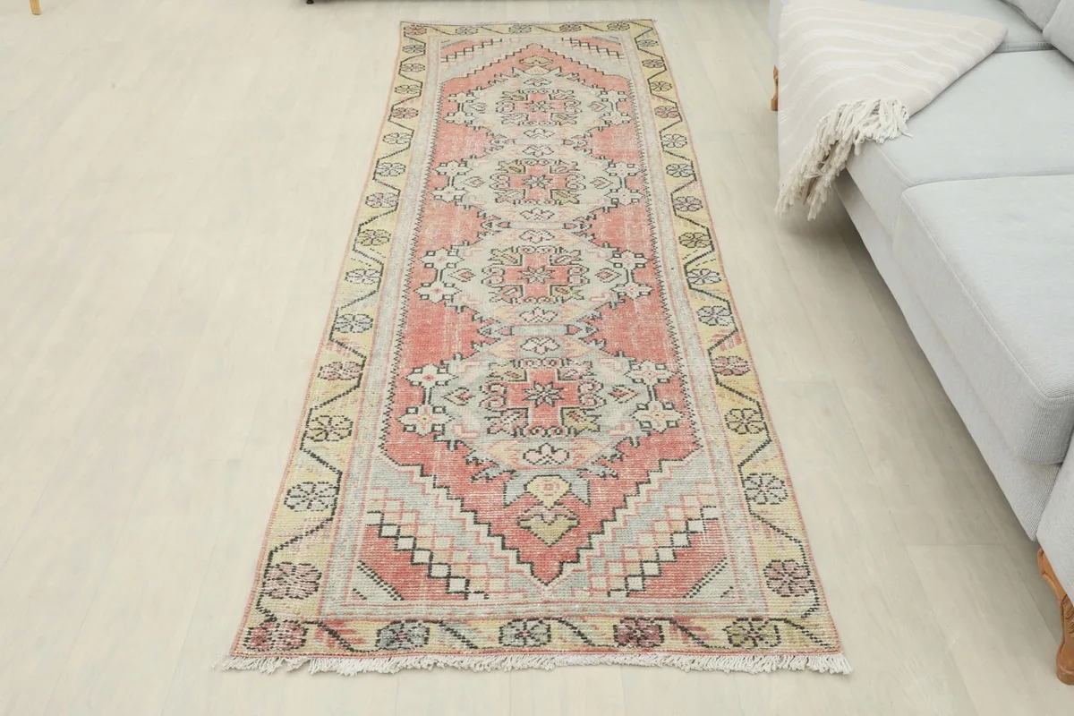 Overhead view of the entire runner rug in a room, highlighting its full design and placement