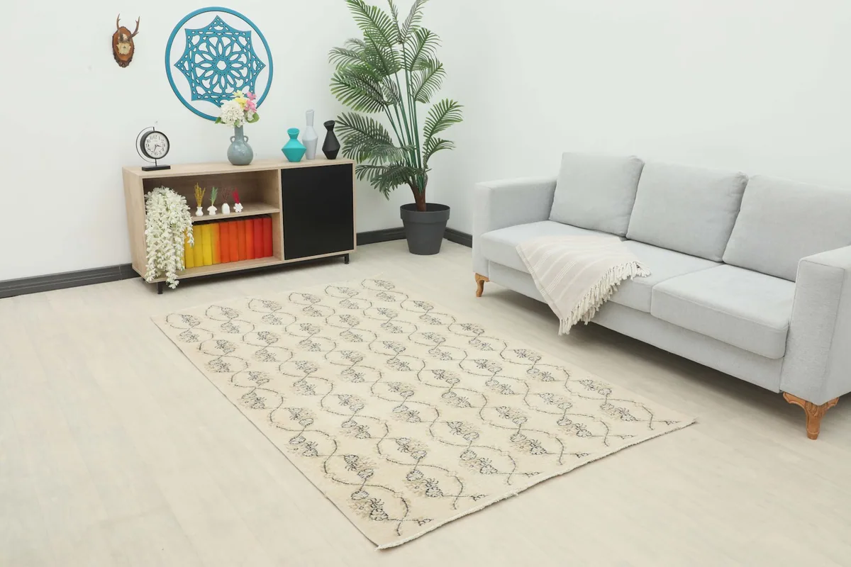 Full room view of the vintage Anatolian rug showcasing its size and colors in a living space