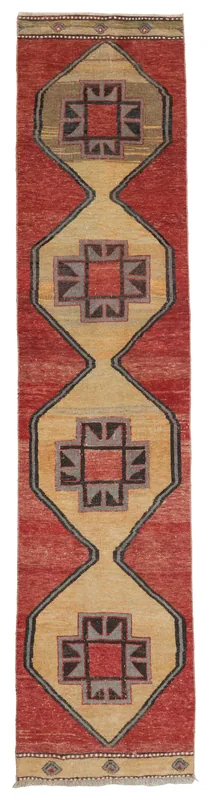 Full top view of the 2'9" x 11'5" blush and blue geometric Anatolian runner rug